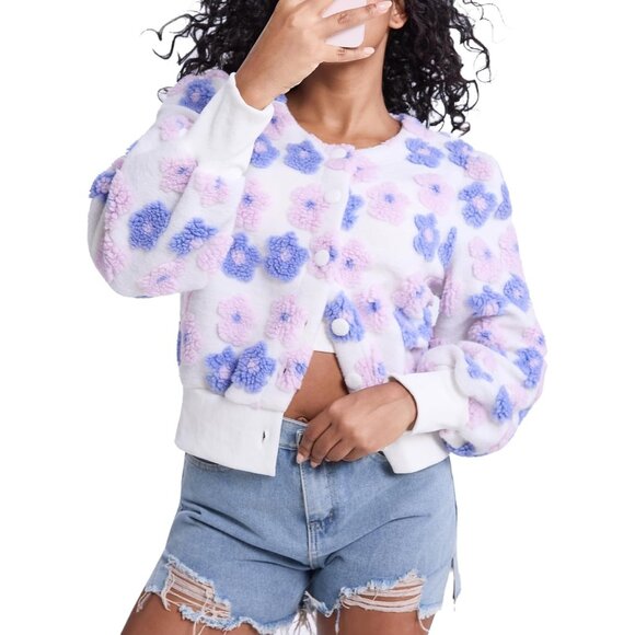 〽️Women's Purple Pink Flygo Cropped Floral Print Bomber Fleece Varsity Jacket